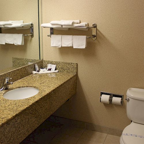 The image shows a clean bathroom with a granite countertop sink, a mirror, a toilet, and shelves stocked with towels and toiletries.