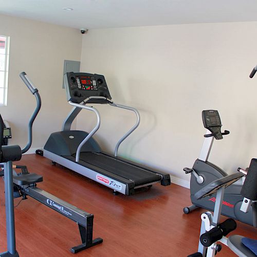 A small gym with exercise equipment including a treadmill, stationary bike, elliptical machine, and a weight lifting machine.