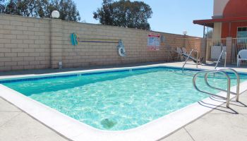 An outdoor swimming pool with clear water, surrounded by a concrete deck, a lifebuoy, a brick wall, and some poolside chairs.